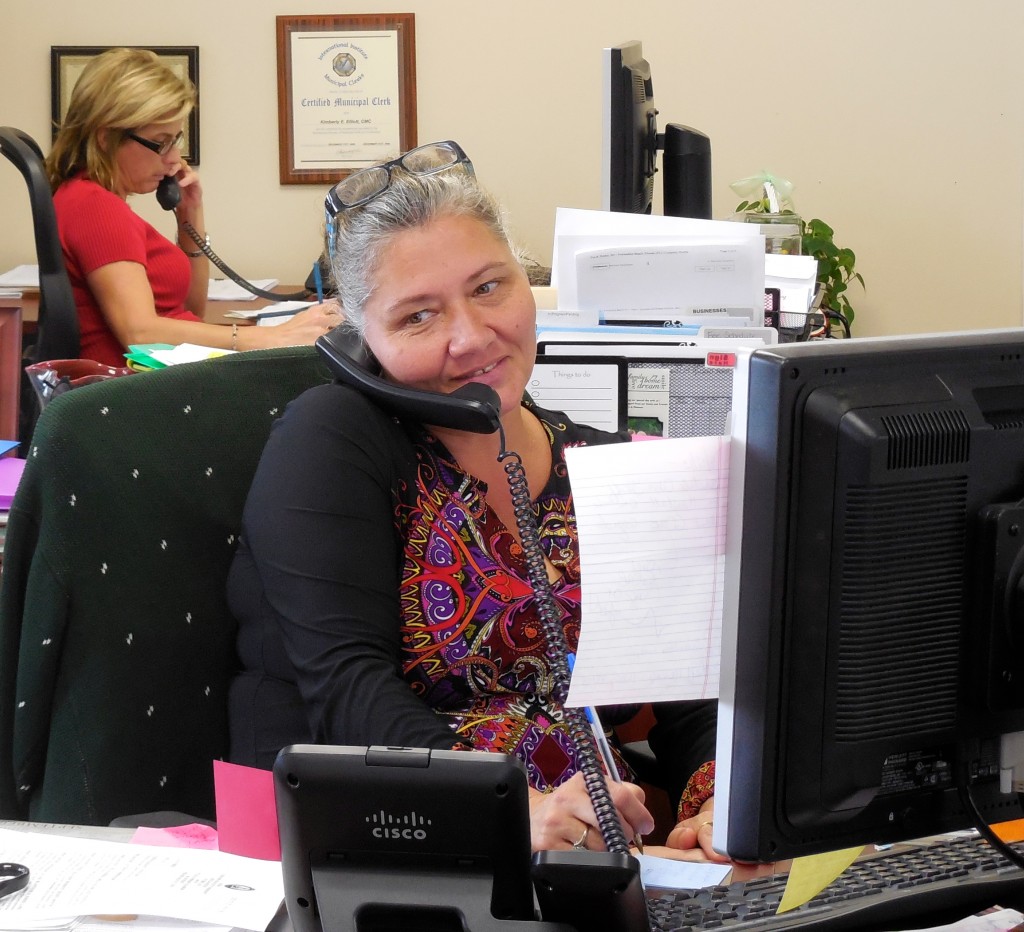 Fernandina Beach staffer Angie Lester helps a customer with a business license question while Interim City Clerk Kim Briley works on election questions in the background.
