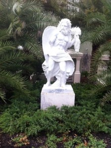 This privately owned statue of King Neptune is now shown without his trademark trident after thieves broke off the right arm in the middle of the night and removed both the arm and trident. 
