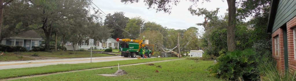 FPU Tree crews cleaning up tree and power pole debris on Atlantic Avenue between 13th and 14th Streets.