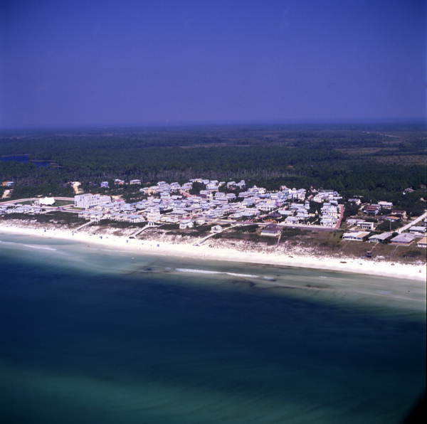 Overton, Robert M. Aerial view overlooking the town of Seaside, Florida. 1989. Color transparency, 60 mm. State Archives of Florida, Florida Memory. , accessed 4 November 2016. 